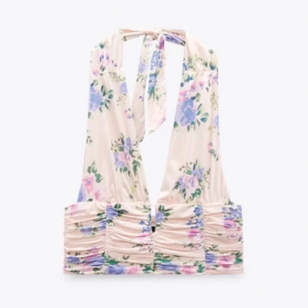 NWT Zara Pale Pink Blue Floral Deep V Cropped Halter Neck Ruched Top sz Small - Picture 5 of 11